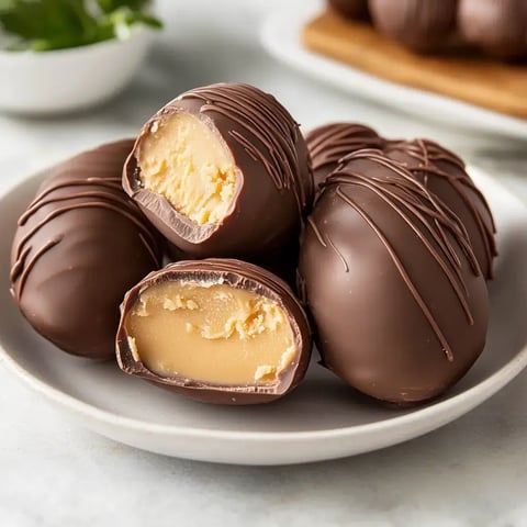 A plate of chocolate-coated peanut butter eggs, with one egg cut in half to reveal the creamy filling inside.