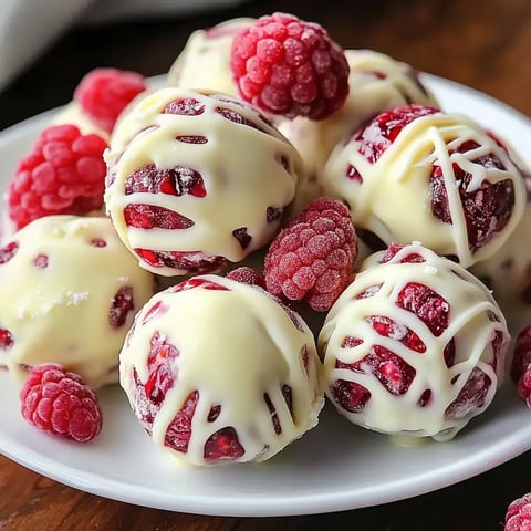A close-up view of white chocolate-covered raspberry truffles, surrounded by fresh raspberries on a plate.