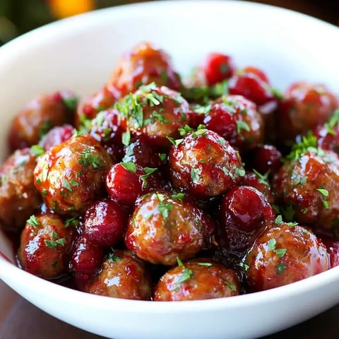 A white bowl filled with glossy meatballs garnished with herbs and surrounded by red berries.