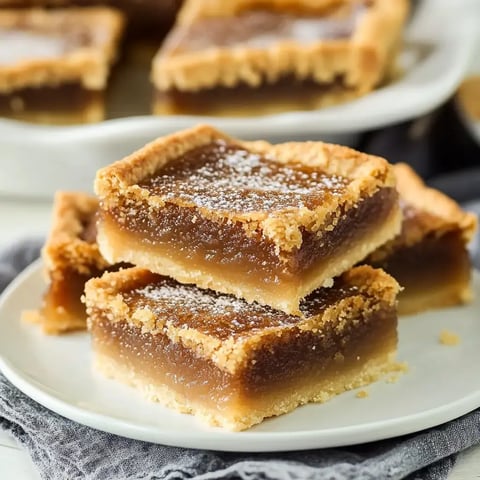 A close-up of three layered dessert bars on a white plate, featuring a golden-brown crust, a shiny, gelatinous filling, and a dusting of powdered sugar on top.