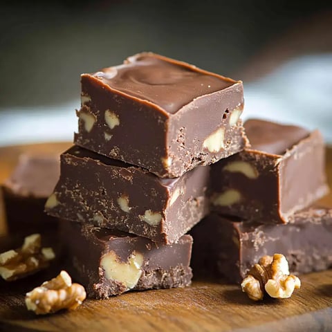 A stack of rich chocolate fudge squares with walnuts, placed on a wooden surface.