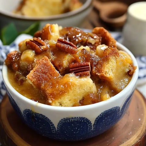 A bowl of bread pudding topped with nuts and a caramel-like sauce, sitting on a wooden surface.