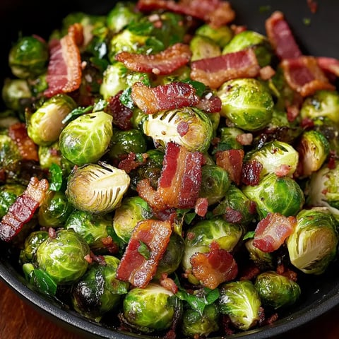 A close-up of sautéed Brussels sprouts mixed with crispy pieces of bacon in a dark bowl.