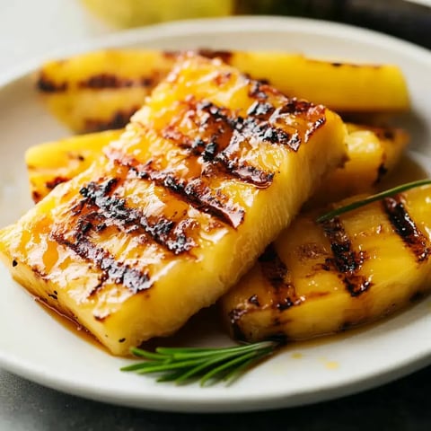 Grilled pineapple slices with a caramelized glaze are served on a white plate, garnished with a sprig of green herb.
