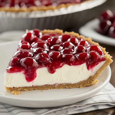 A slice of cherry pie with a graham cracker crust and creamy filling, topped with glossy red cherry syrup, presented on a white plate.