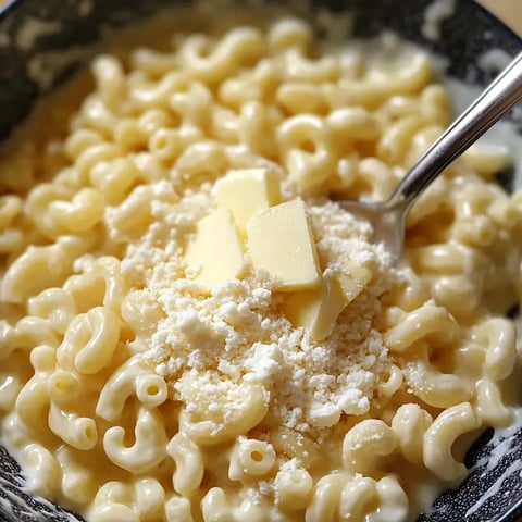 A close-up of creamy macaroni pasta topped with butter and grated cheese in a bowl.