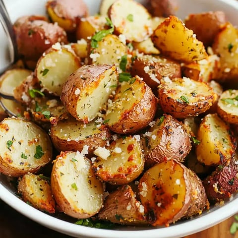 A bowl of roasted baby potatoes, garnished with herbs and sprinkled with grated cheese.