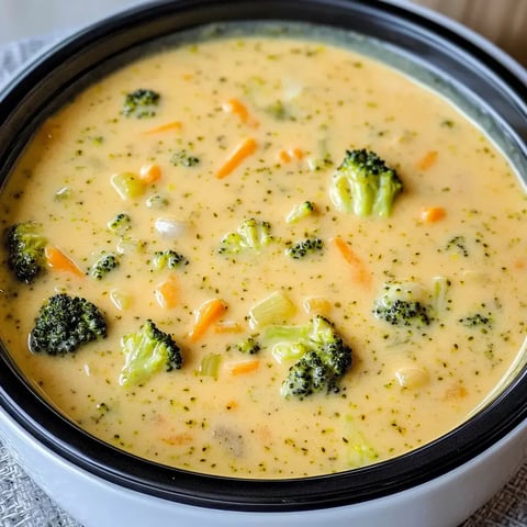 A creamy soup filled with broccoli, carrots, and various vegetables, served in a black and white bowl.