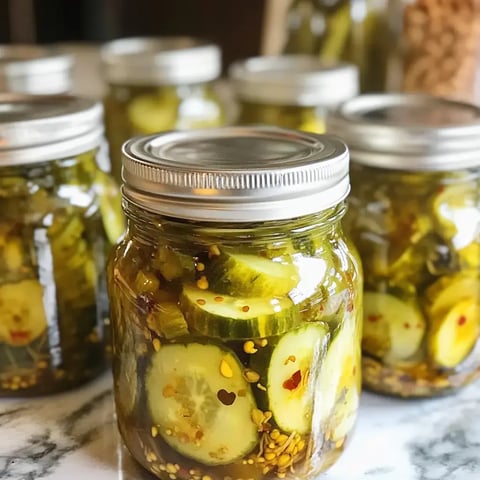 A close-up of jars filled with pickled cucumbers, showcasing slices of cucumber and spices in brine.