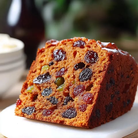 A slice of rich, fruit-studded cake with raisins and green fruits rests on a white cutting board.