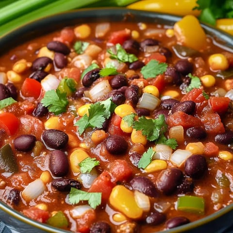 A close-up of a hearty bean and corn chili topped with fresh cilantro, featuring black beans, corn, diced tomatoes, and bell peppers.