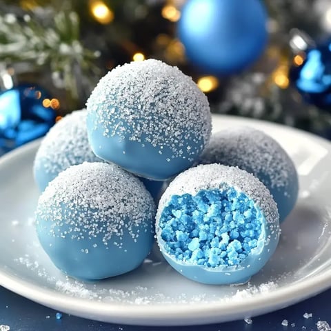 A plate of blue dessert balls coated in sparkling sugar, with one ball cut in half to reveal a bright blue interior.
