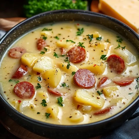 A bowl of creamy potato soup with sliced sausage and herbs, garnished with black pepper.