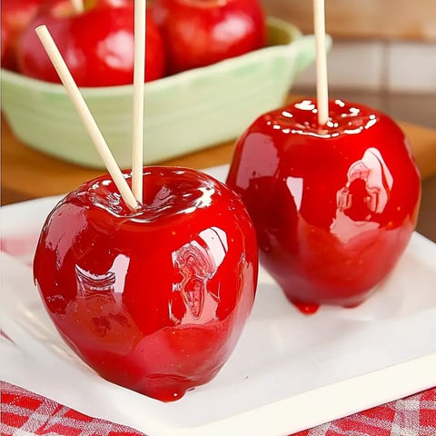 Two glossy red caramel-coated apples with wooden sticks are displayed on a white plate, with more apples in a green bowl in the background.