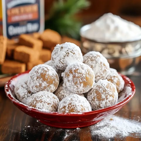 A red bowl filled with powdered sugar-dusted dessert balls is surrounded by brown sugar cubes and a bowl of powdered sugar.