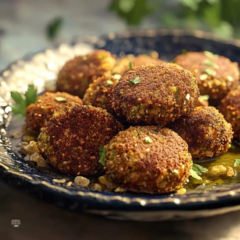A close-up of a plate filled with golden-brown falafel balls, garnished with chopped herbs, sitting on a beautifully designed dish.