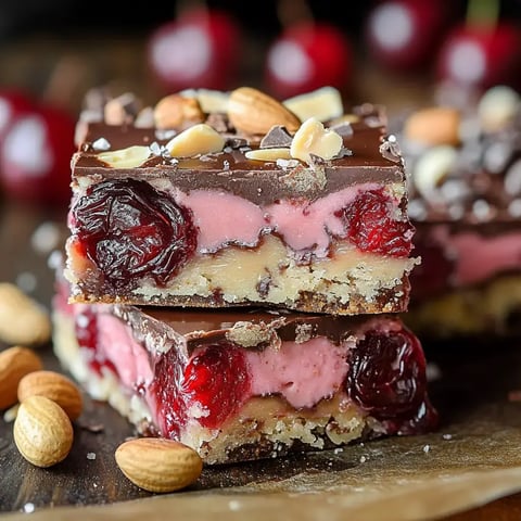 A close-up of two layered dessert bars featuring chocolate, cherries, and a pink filling, garnished with nuts and scattered almonds on a wooden surface.