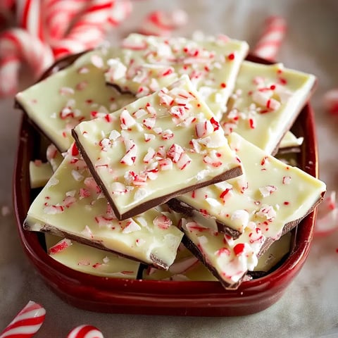 A red dish filled with peppermint bark made of layers of white chocolate and dark chocolate, topped with crushed peppermint candies.