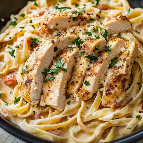 A close-up of creamy fettuccine pasta topped with sliced grilled chicken and garnished with parsley.