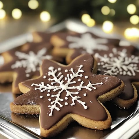A plate of star-shaped cookies decorated with chocolate icing and white snowflake designs.