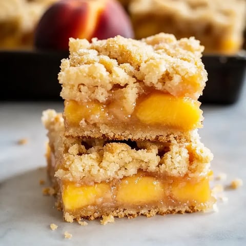A close-up of stacked peach crumble bars on a marble surface, highlighting their golden peach filling and crumbly topping.