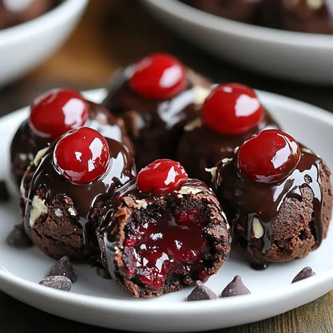 A plate of chocolate-covered dessert balls filled with cherry jam, topped with glossy cherries and surrounded by chocolate chips.