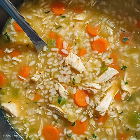A close-up of a bowl of chicken and rice soup, featuring pieces of chicken, carrots, and green vegetables in a savory broth.