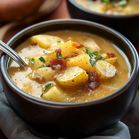 A close-up of a black bowl filled with thick potato soup garnished with herbs and pieces of bacon.