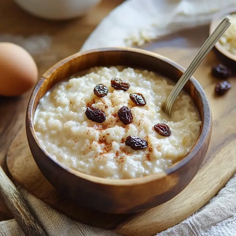 A wooden bowl filled with creamy oatmeal topped with raisins and a sprinkle of cinnamon, accompanied by an egg and some scattered oats in the background.