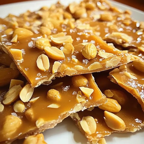 A close-up of broken pieces of peanut brittle topped with whole and chopped peanuts, sprinkled with salt.