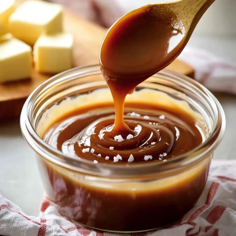 A wooden spoon drips caramel sauce from a glass bowl, with a few flakes of salt on top and butter cubes in the background.