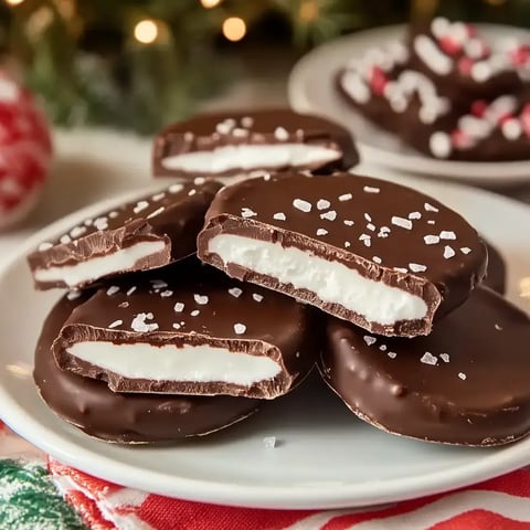 A plate of chocolate-covered cookies with a creamy white filling, some sprinkled with coarse salt, is displayed in a festive setting.