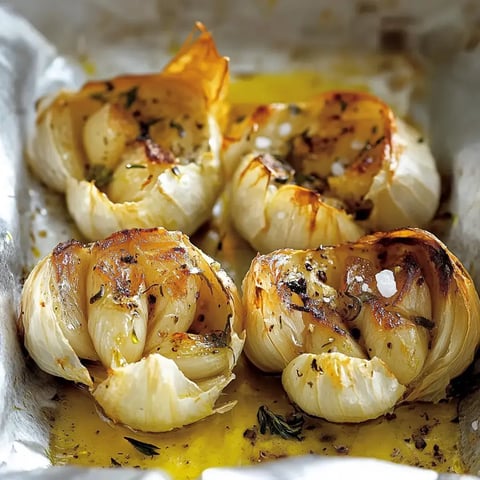 Roasted garlic cloves drizzled with olive oil, sprinkled with herbs and salt, arranged in a baking dish.