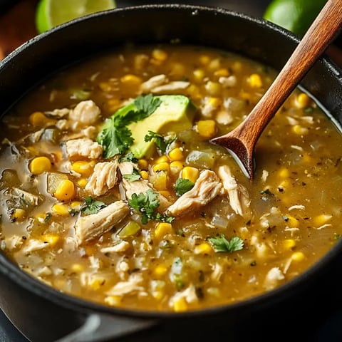 A close-up of a bowl of chicken soup with corn, garnished with cilantro and a slice of avocado, served with lime wedges on the side.