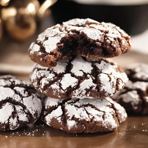 A stack of chocolate crinkle cookies dusted with powdered sugar, with one cookie partially bitten.