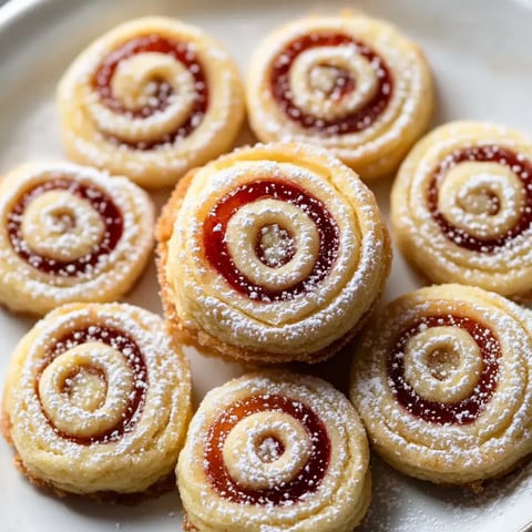 A plate of spiral-shaped pastries with a jam filling, dusted with powdered sugar.
