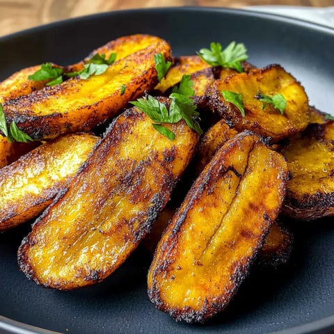 A close-up of golden-brown fried plantains garnished with fresh parsley, arranged in a black bowl.