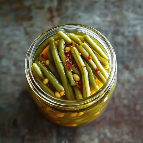 A jar filled with pickled green beans, topped with yellowish liquid and sprinkled with red pepper flakes and pine nuts.