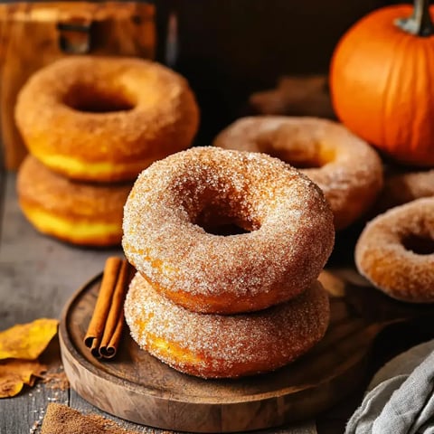 A stack of cinnamon-sugar donuts is displayed on a wooden plate, with a pumpkin and scattered ingredients in the background.