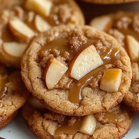 A close-up of freshly baked cookies topped with caramel, crumbled topping, and slices of apple.