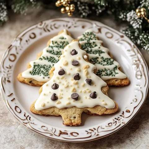 A plate of Christmas tree-shaped cookies decorated with white icing, green sprinkles, and chocolate chips.