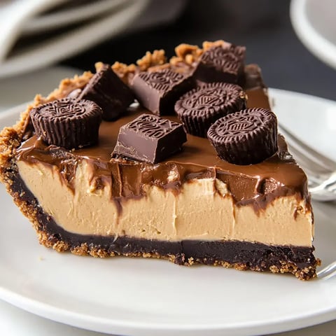 A slice of chocolate and peanut butter pie topped with chocolate pieces on a white plate.