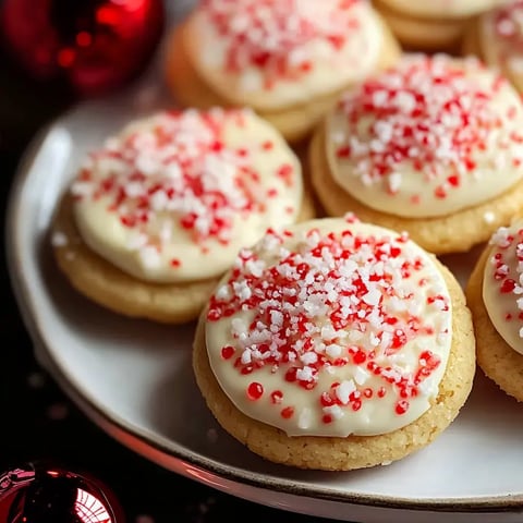 A close-up of festive cookies topped with white frosting and red and white sprinkles, displayed on a plate next to a shiny red ornament.