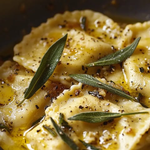 A close-up of ravioli in a rich sauce, garnished with fresh sage leaves and sprinkled with black pepper.