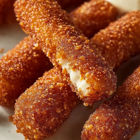 A close-up image of crispy, golden-brown mozzarella sticks, with one partially bitten to reveal the gooey cheese inside.