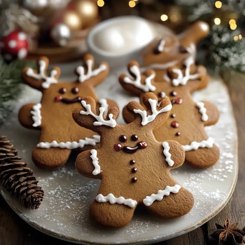 A plate of decorated gingerbread cookies shaped like reindeer, featuring white icing and colorful embellishments, is set against a festive background.