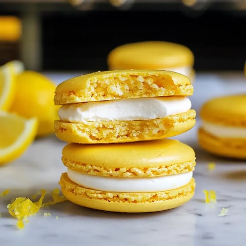 Two yellow lemon macarons are stacked, one partially bitten, with lemon wedges and zest in the background.