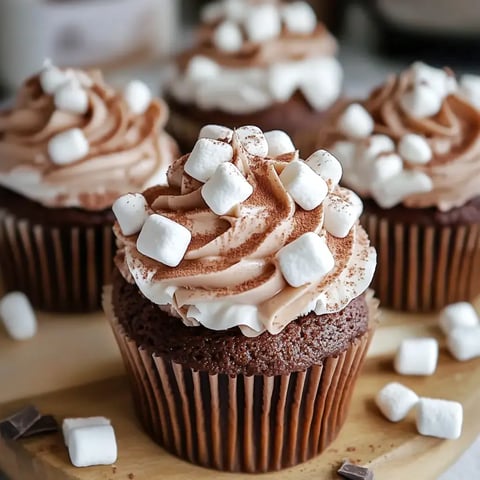 A close-up of chocolate cupcakes topped with swirls of chocolate and white frosting, garnished with mini marshmallows and cocoa powder.