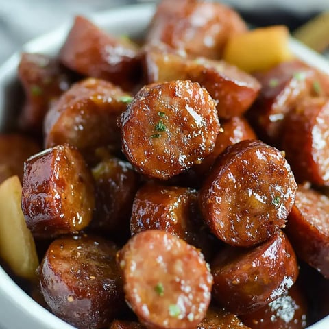 A close-up of sliced, glossy sausage pieces garnished with herbs in a bowl.