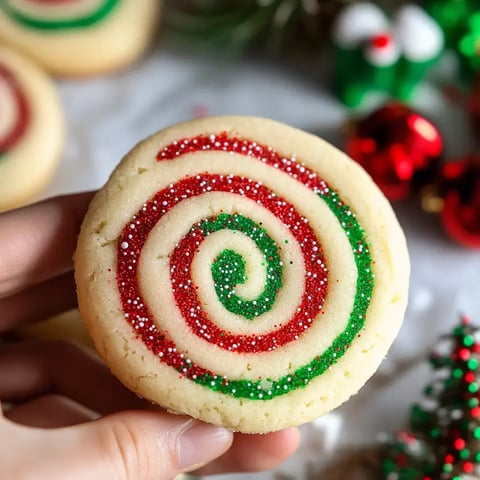 A person is holding a festive swirl cookie decorated with red and green sugar sprinkles.
